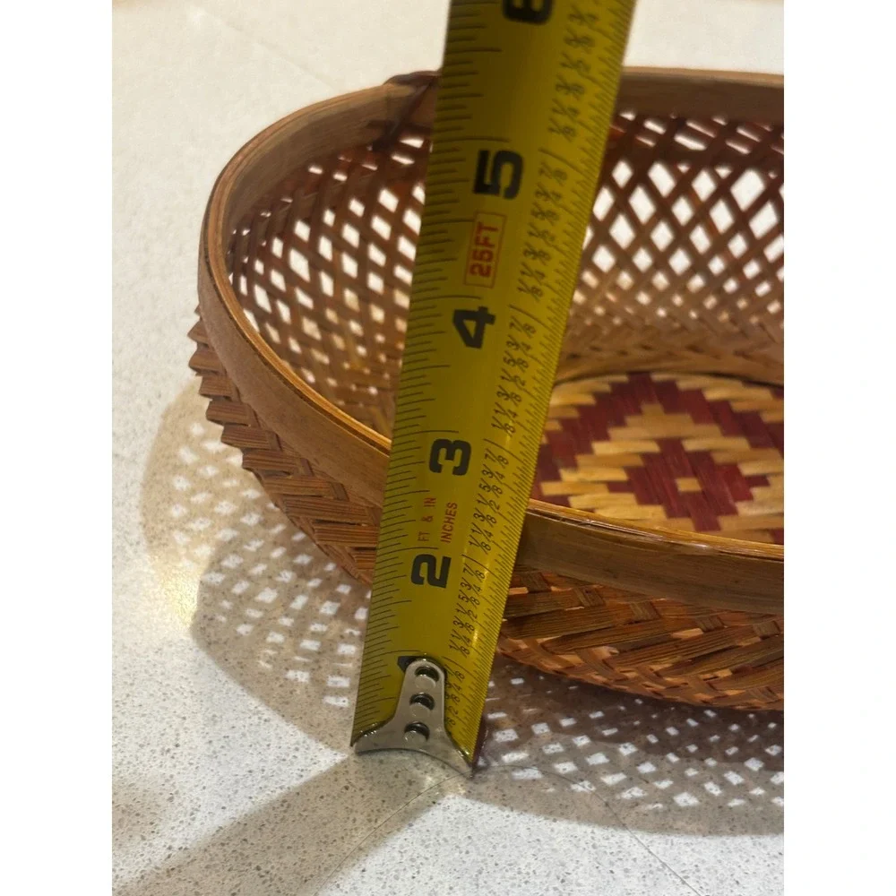 Vintage Woven Bamboo Basket Oval Lattice Diamond Pattern Boho Decor